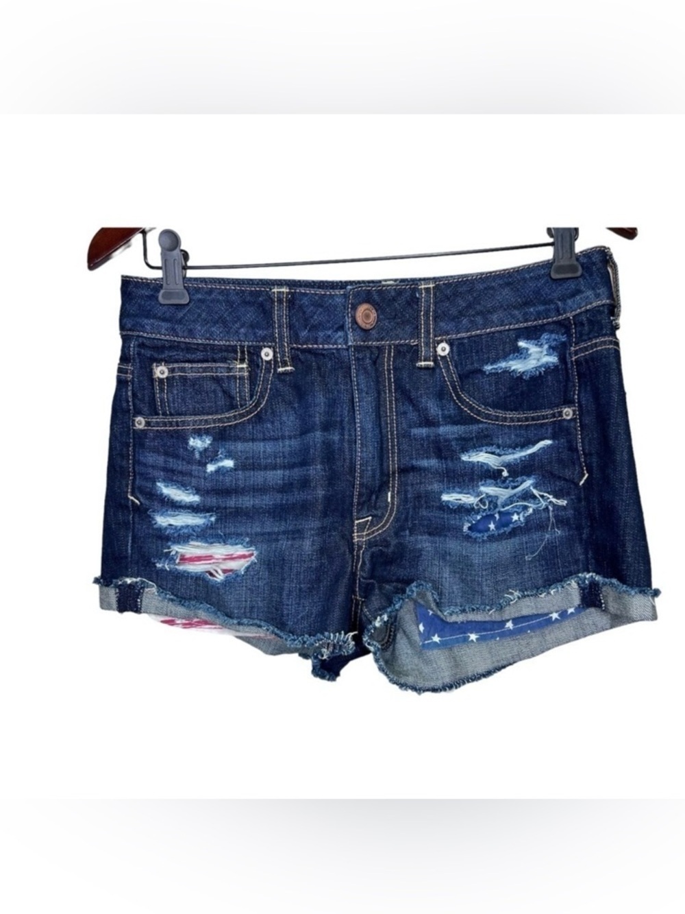 American Eagle Distressed Denim Shorts American Flag Pockets Size 6